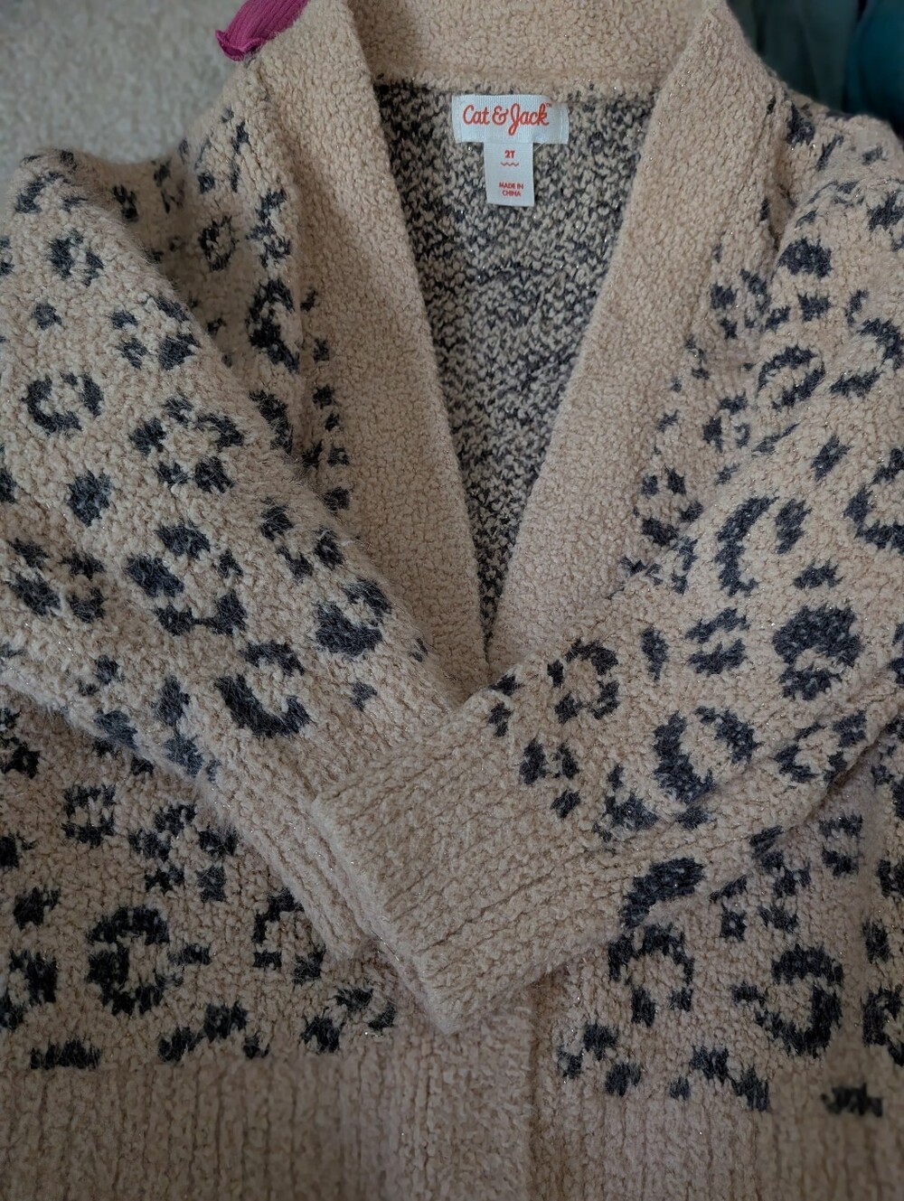 Cat & Jack Cream Sherpa Cardigan with Black Leopard Print 2T